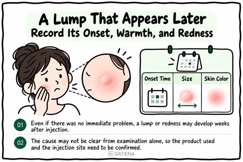 Delayed lump checklist recording onset, warmth, and redness after Juvelook Volume injections.