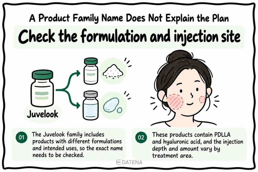 Juvelook formulation and injection site checklist explaining why the product family name is insufficient.