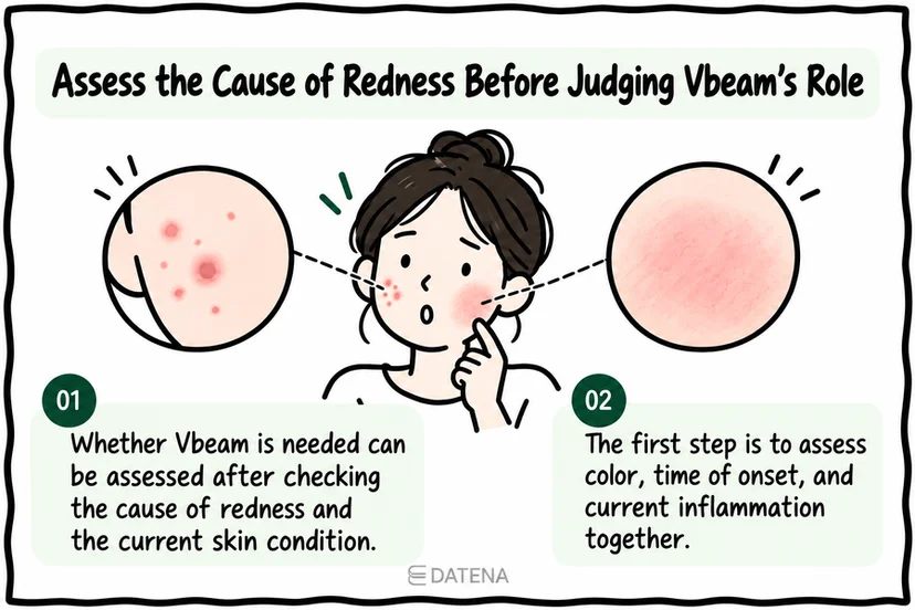 Vbeam summary emphasizing identification of the cause of redness before deciding its treatment role.