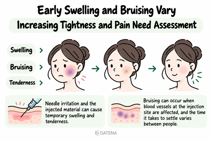 Early swelling and bruising after Juvelook Volume, with increasing tightness and pain needing assessment.