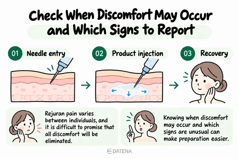 Rejuran pain summary identifying expected discomfort and unusual signs to report.