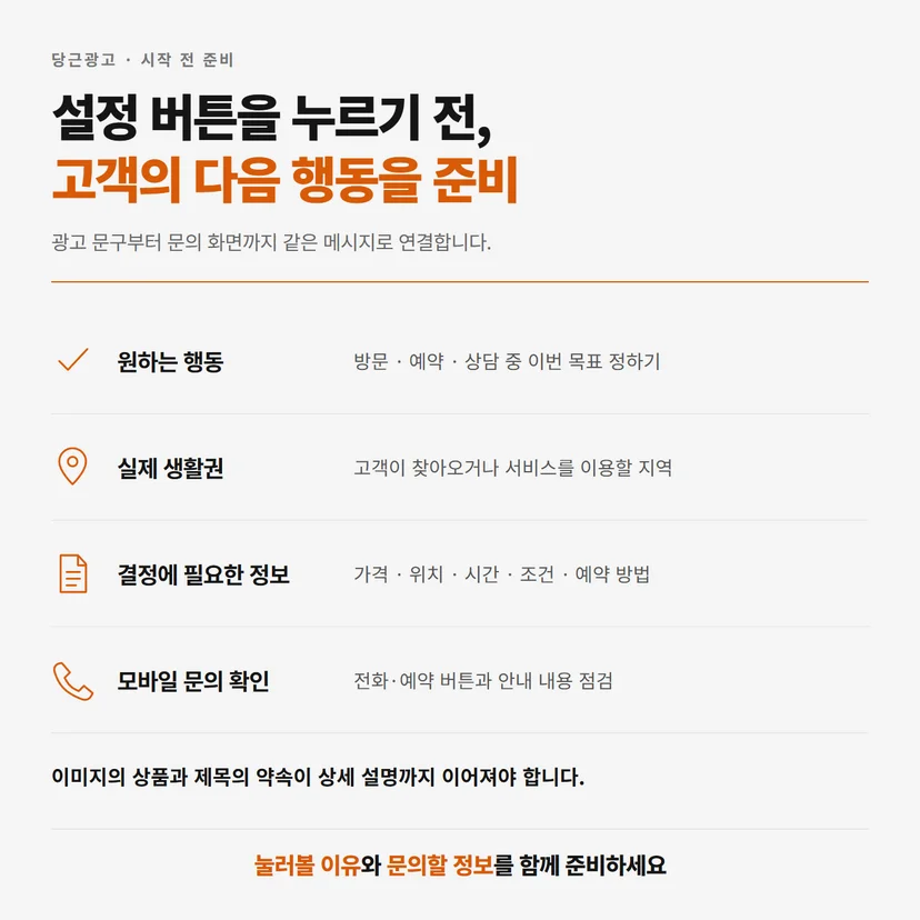 광고 목표와 생활권, 필수 정보, 모바일 문의 경로를 정리하는 준비 흐름