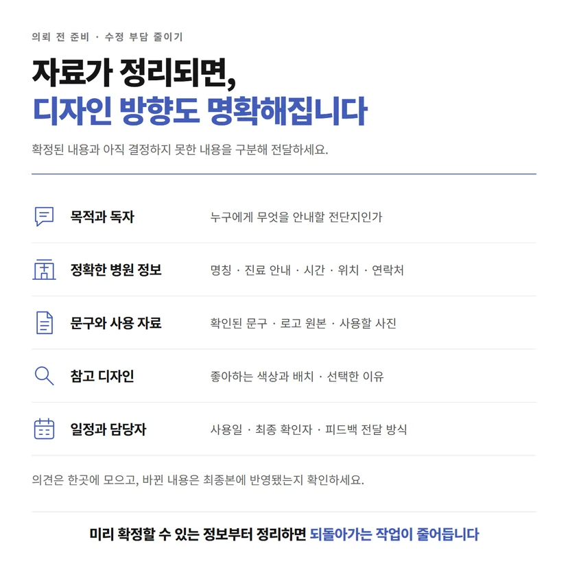 병원 전단지 의뢰 전 준비할 목적, 정확한 정보, 로고와 사진, 참고 디자인, 일정과 담당자 목록