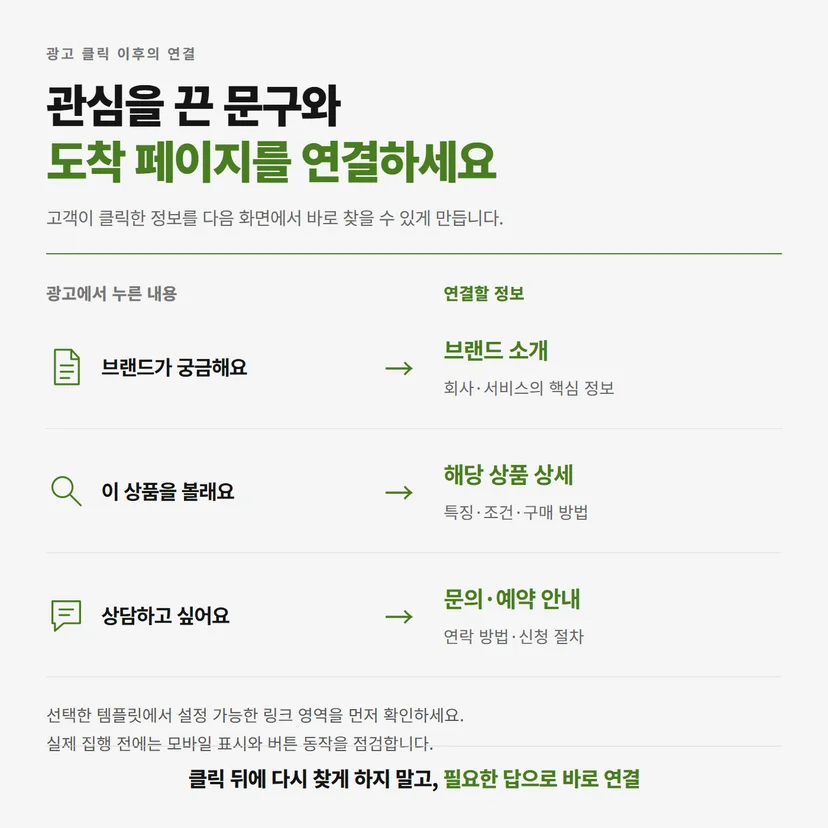 광고의 브랜드 소개, 상품 정보, 상담 안내를 각각 관련 페이지로 연결하는 흐름도