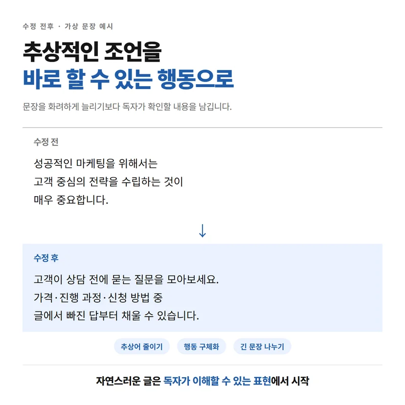 추상적인 마케팅 조언을 고객 질문을 확인하는 행동으로 고친 문장 예시