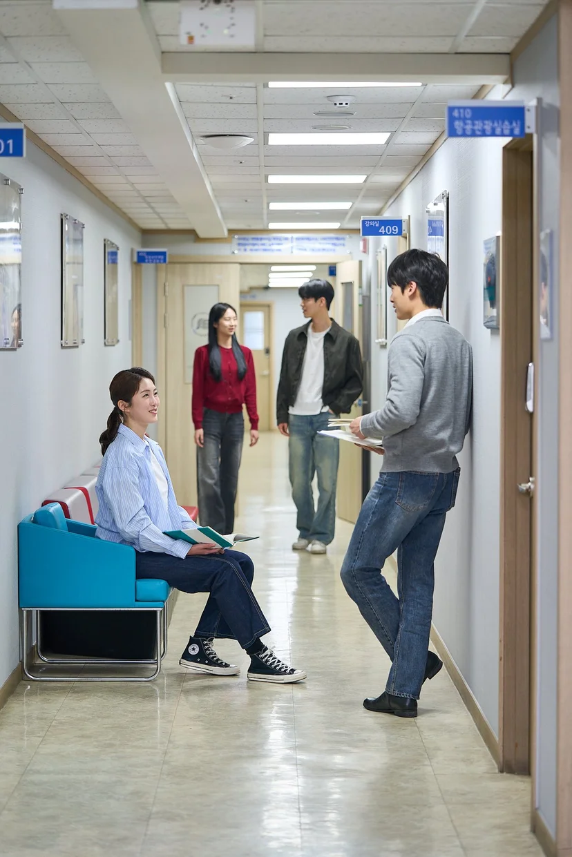 밝은 실내 복도에서 이야기 나누는 학생들
