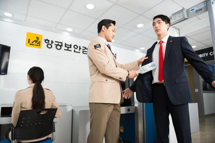 휴대형 검색기로 대인검색 동작을 연습하는 사람들