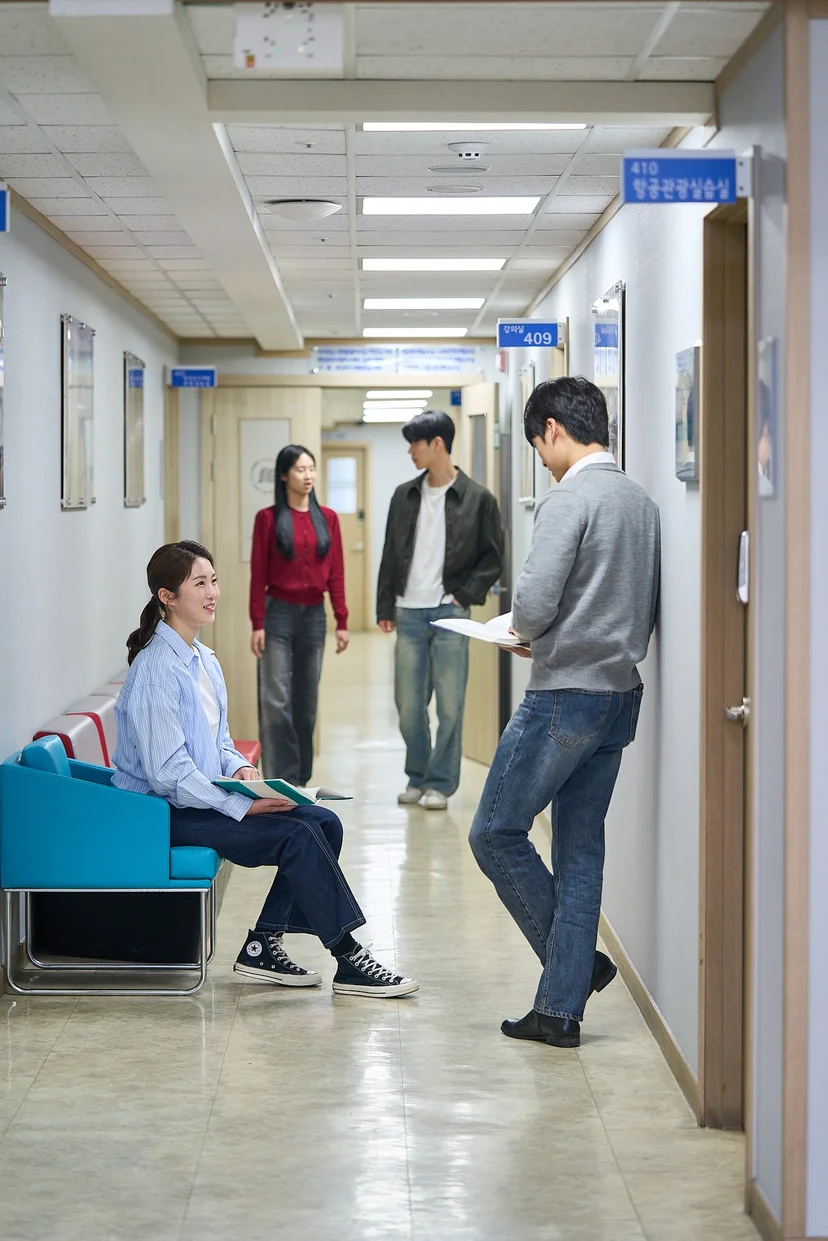 밝은 실내 복도에서 대화하는 사람들