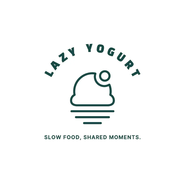 Lazy Yogurt logo featuring a yogurt-shaped setting sun above three horizontal lines and the slogan Slow Food, Shared Moments.