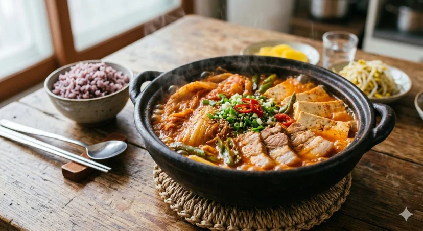 원목 테이블 위 김치찜과 밥 한 공기, 콩나물 반찬과 물