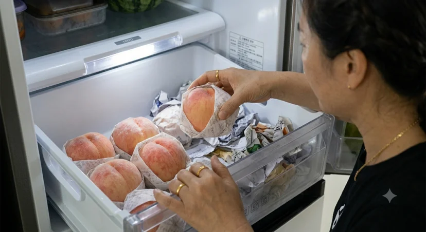 열린 냉장고 야채칸 서랍에서 종이로 한 알씩 감싸 보관 중인 복숭아 중 하나를 손으로 꺼내 확인하는 모습