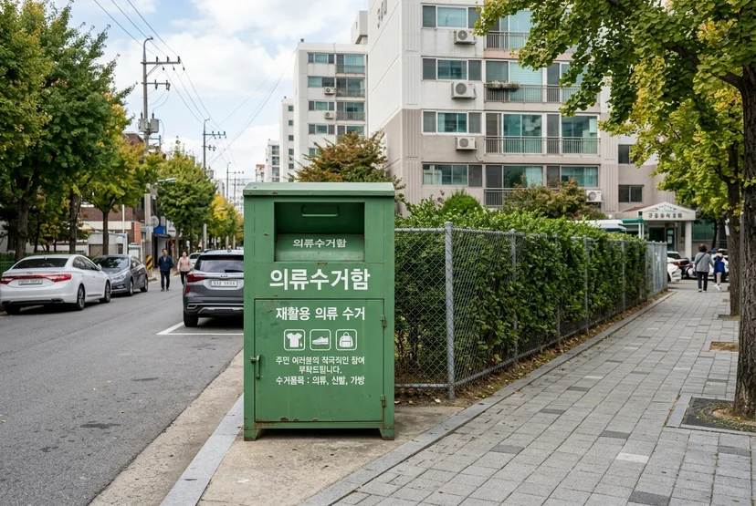 아파트 단지 및 주택가 인도 변에 설치된 재활용 의류수거함 모습