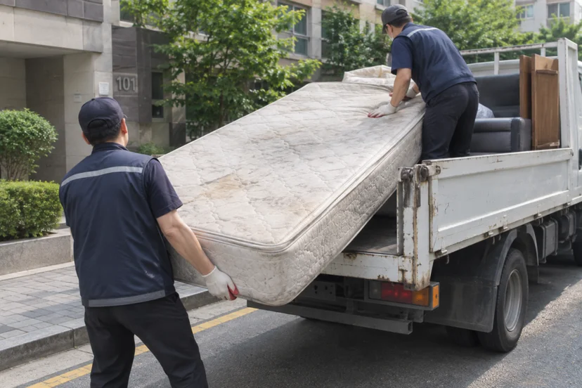 건물 앞 야외 도로에서 유니폼과 모자를 착용한 두 명의 작업자가 크고 무거운 매트리스를 맞잡고 대형 수거 트럭 화물칸 위로 조심스럽게 실어 올리는 모습
