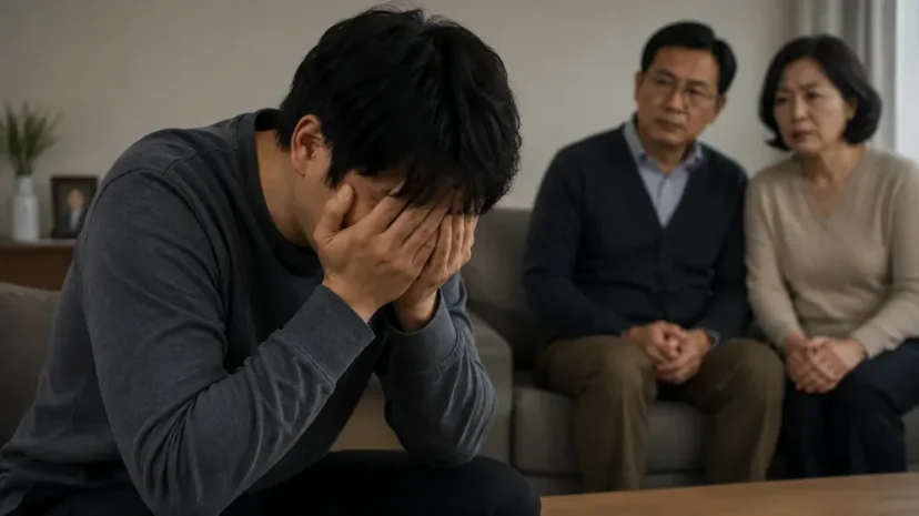 얼굴을 감싸 쥐고 괴로워하는 남성과 걱정하는 부모님