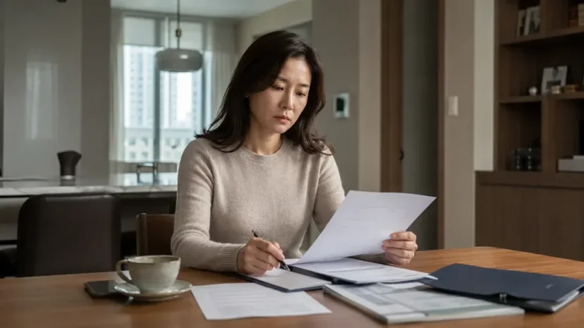 집에서 진지하게 서류를 검토하며 작성하는 여성
