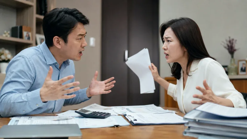 도주치상|서류와 계산기를 두고 다투는 부부의 모습