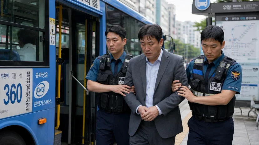 음주운전 3회|경찰관들에게 연행되는 정장 차림의 남성