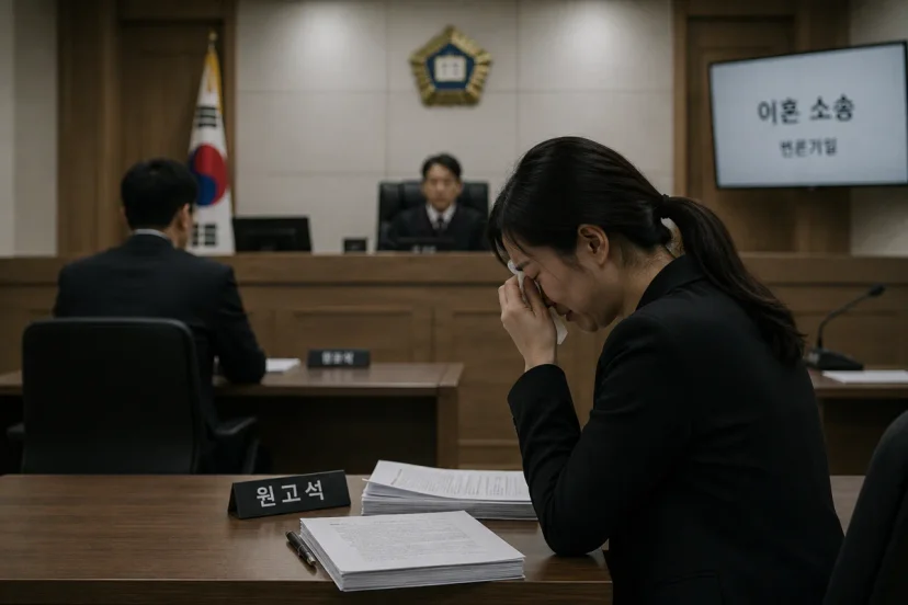 도주치상|이혼 소송 변론기일 법정에서 눈물을 흘리는 원고