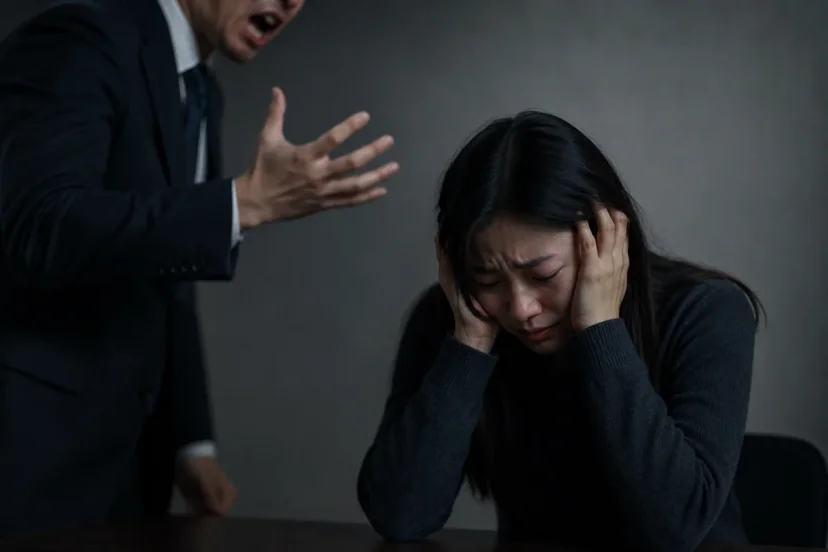 교통사고 형사합의|남성의 폭언과 위협에 괴로워하는 여성의 모습