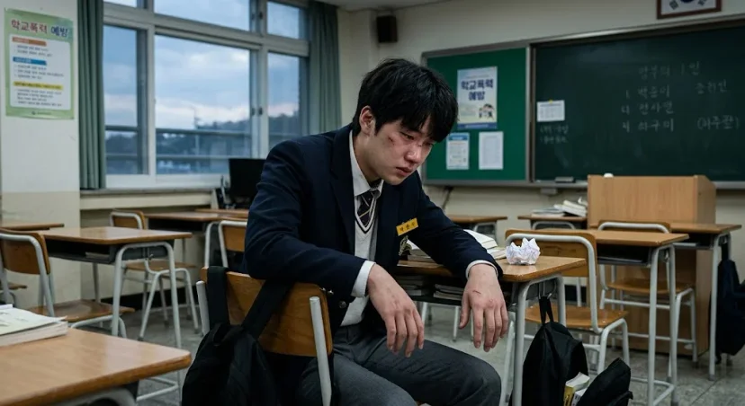 도주치상|학교폭력 예방 포스터가 붙은 교실 내 상처 입은 학생