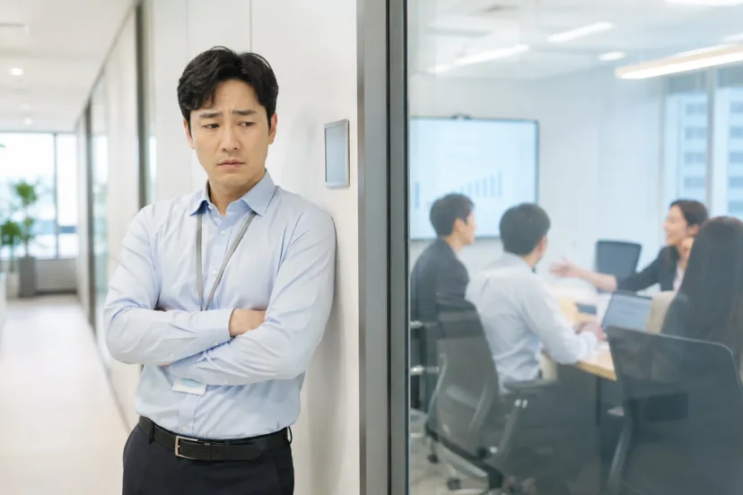 음주운전 경찰조사|회의실 밖에서 고민에 빠진 표정의 직장인 남성