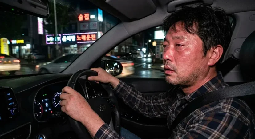 밤거리 술집 근처에서 음주운전 중인 남성
