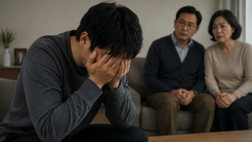 음주운전 재판|얼굴을 감싸 쥐고 괴로워하는 남성과 걱정하는 부모님