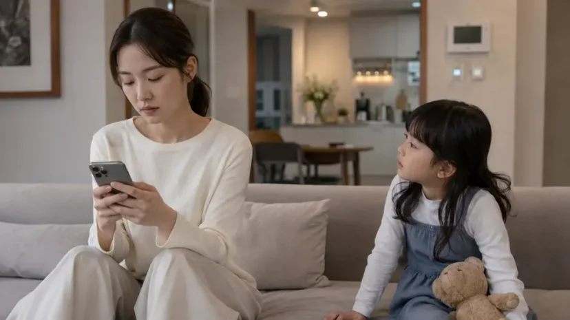 스마트폰을 보는 엄마와 관심을 바라는 아이