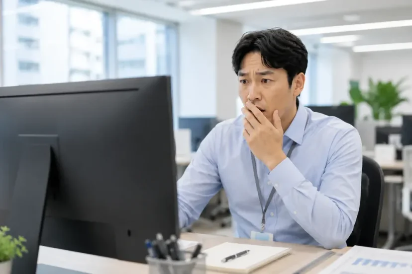 모니터를 보며 당황한 표정의 직장인