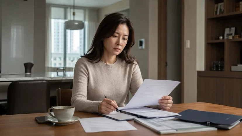 음주운전 3회|집에서 진지하게 서류를 검토하며 작성하는 여성