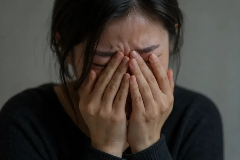 얼굴을 감싸 쥐고 울고 있는 여성의 모습