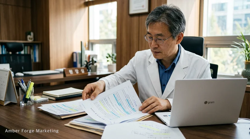 심의 관련 서류를 검토하는 병원 원장실 책상