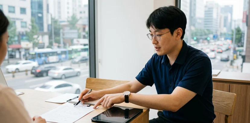 창밖 도로가 보이는 피부과 상담실에서 설명하는 상담 실장