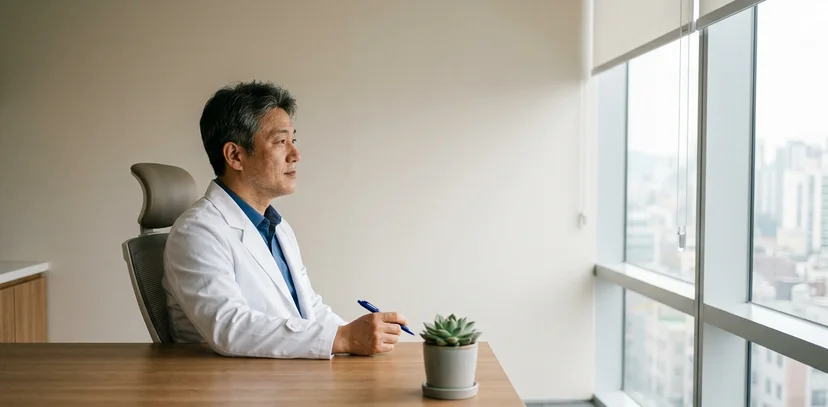 원장실 책상 앞에 앉아 생각하는 의사