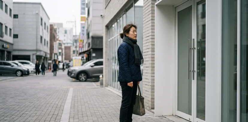 건물 입구 앞에서 길을 확인하며 서 있는 사람