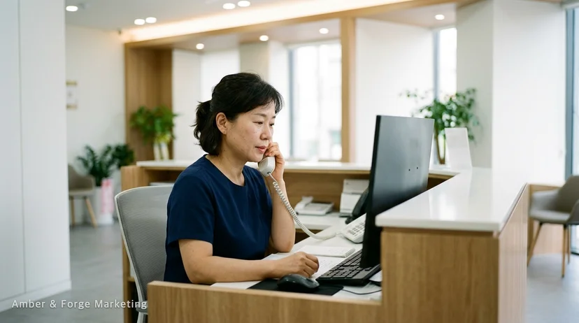 치과 접수 데스크에서 전화를 받는 직원의 모습, 모니터는 뒷면만 보임