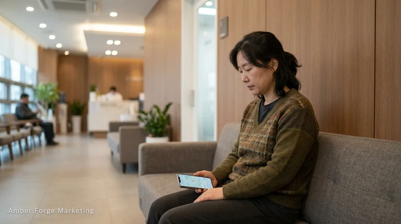 대기 소파에서 환자가 지도 검색 화면을 보고 있는 모습