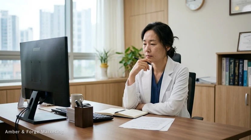 원장실 책상 앞에서 볼펜을 쥐고 생각하는 여성 한 명