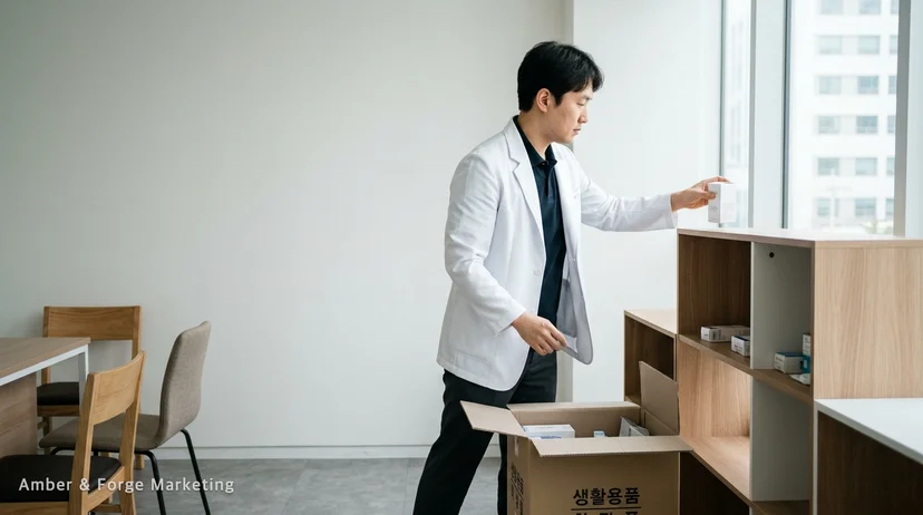 개원 초기 피부과 상담실에서 빈 선반에 물품을 올리는 남성 한 명