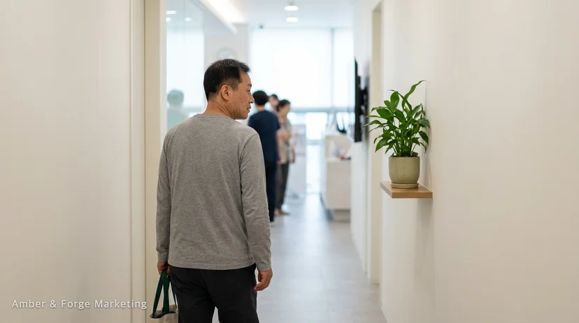 안내 데스크를 지나 진료실로 향하는 성인 환자의 옆모습