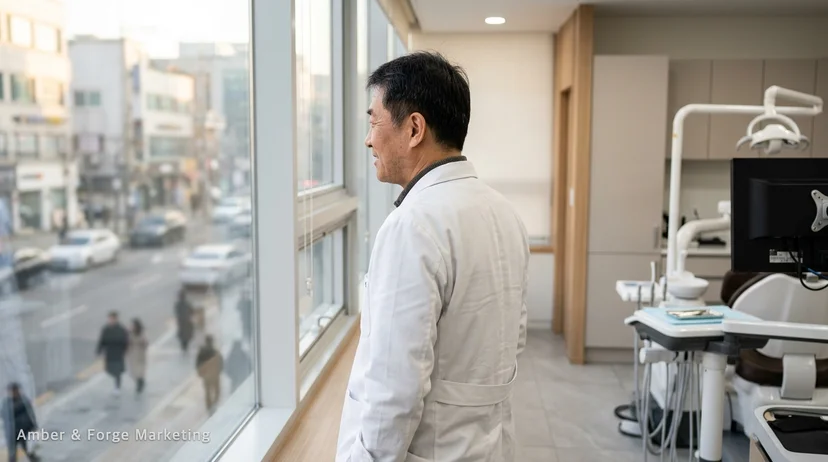 진료실 창가에서 학원가 거리를 내려다보는 원장님의 뒷모습
