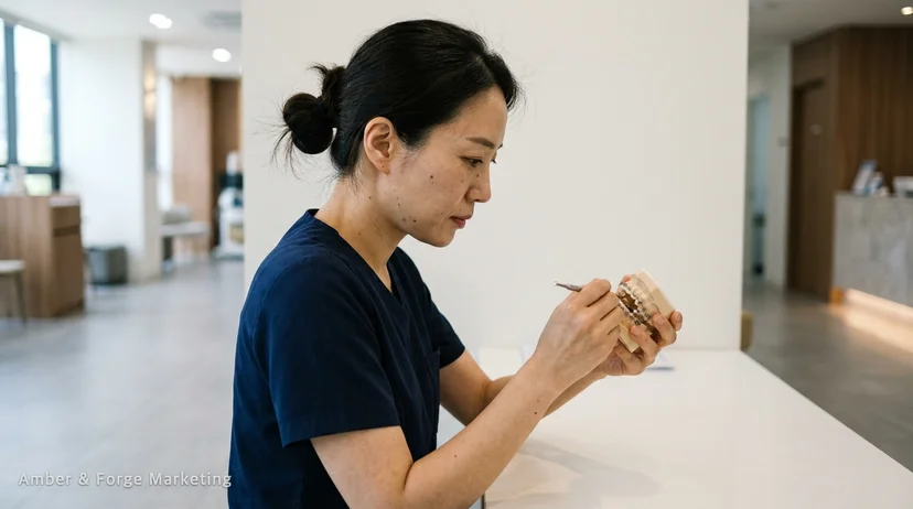 교정 장치 모형을 살펴보는 상담실장의 손