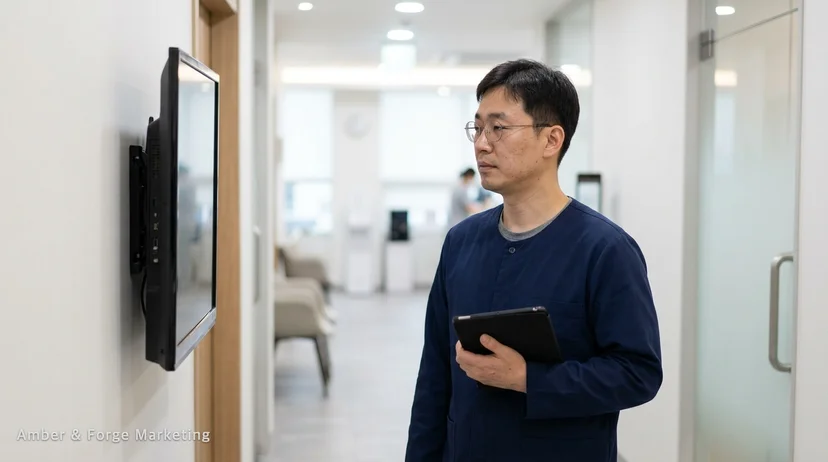 진료 순서 안내판 옆에 서 있는 실장