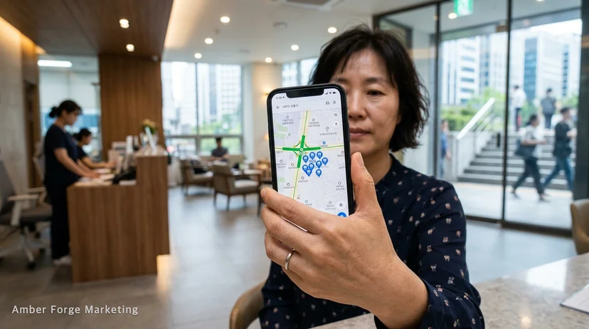지하철 출구 앞에서 지도 앱의 치과 위치를 확인하는 손