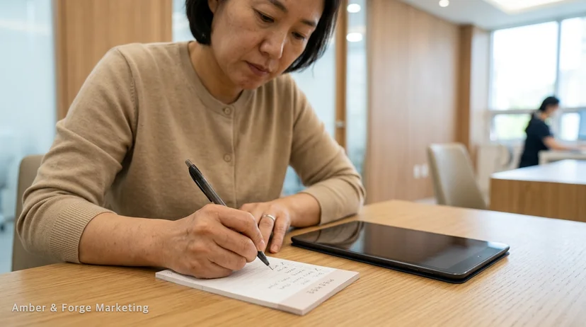 상담 테이블에서 메모하는 손 클로즈업