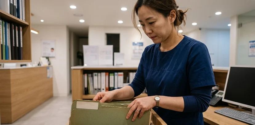 서류함에서 오래된 계약 폴더를 꺼내는 손