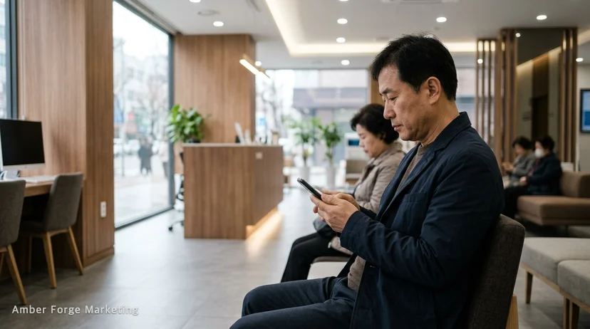 병원 대기실에서 휴대폰을 보는 환자