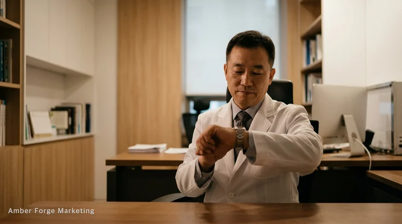 진료 마감 후 원장실에서 손목시계를 보는 의사