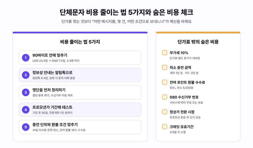 단체문자 비용 줄이는 법 5가지 - 90바이트 안에 맞추기 LMS 24.5원에서 SMS 7.4원 3.3배 차이, 정보성 안내는 알림톡 6.4원, 명단 먼저 정리하기 결번 중복 제거, 프로모션가 기간에 테스트 전용계좌 1만 원부터, 충전 단위와 환불 조건 맞추기, 숨은 비용은 부가세 10% 최소 충전 금액 환불 수수료 080 수신거부 번호 정상가 전환 크레딧 유효기간