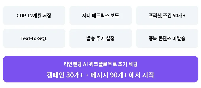 리토스의 운영 기능 — CDP 12개월 저장, 저니 매트릭스 보드, 프리셋 조건 50개 이상, Text-to-SQL, 발송 주기 설정, 중복 콘텐츠 미발송. 리인벤팅 AI 워크플로우로 캠페인 30개 이상, 메시지 90개 이상을 세팅하고 시작합니다